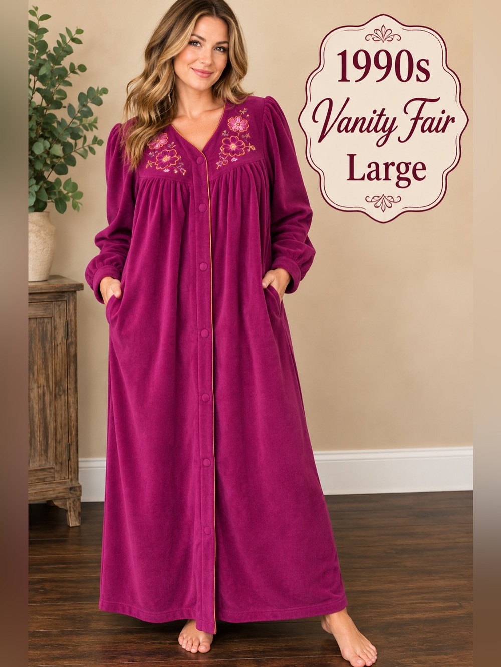 Vintage 1990s Vanity Fair Purple Brushed Robe Large Embroidered